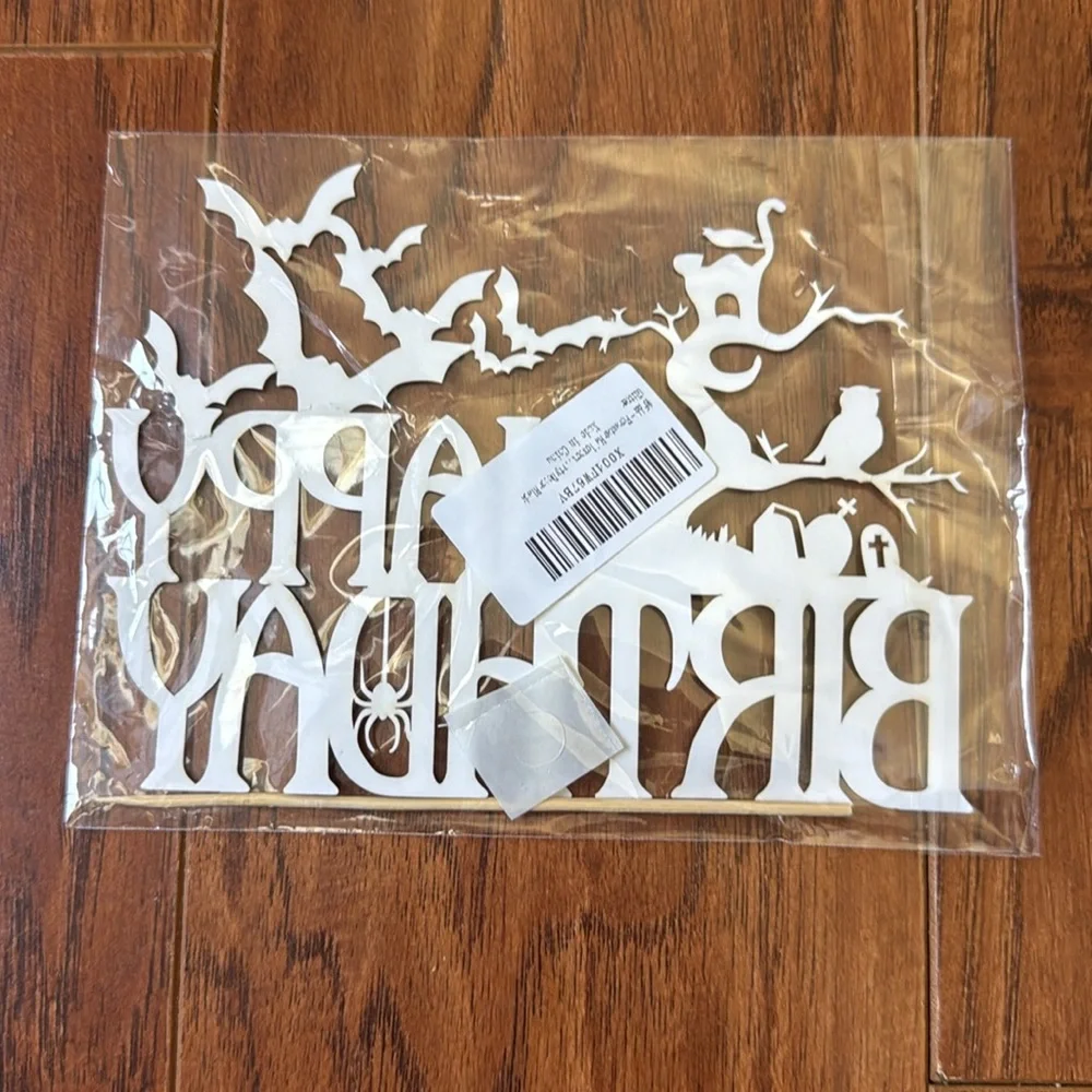NWT Halloween Happy Birthday Cake Topper Spooky Haunted House Black Glitter